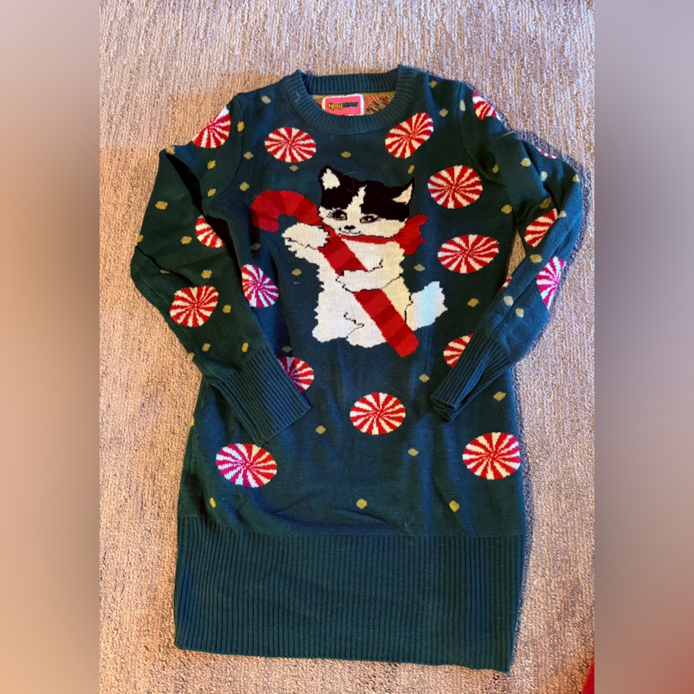 Festive Green Sweater dress with Cat and Candy Design